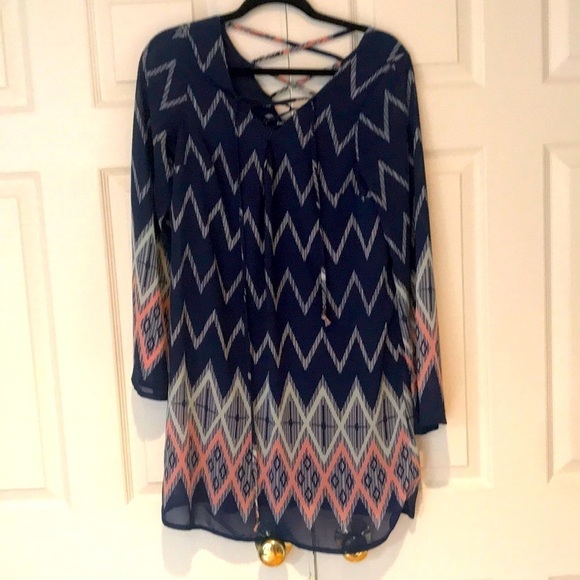 Xhilaration Bell Sleeve Flowy Mini Cocktail Dress Zigzag Retro Size L Party Work - Picture 2 of 6